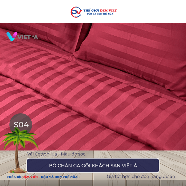 Bộ chăn ga gối khách sạn Việt Á đỏ sọc 5